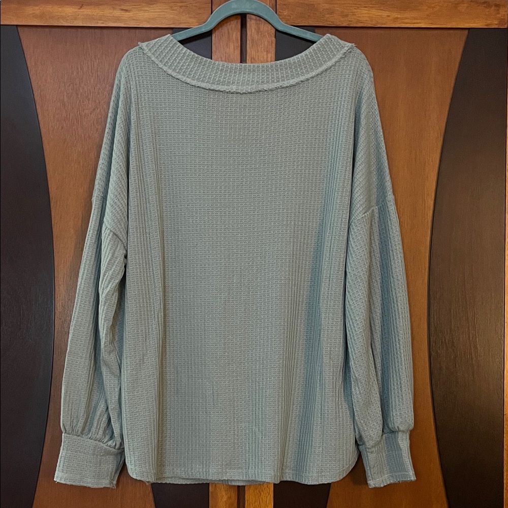 BiBi Sage Green Soft & Light Waffle Knit Wide V-Neck Long Sleeve Top - Picture 7 of 8
